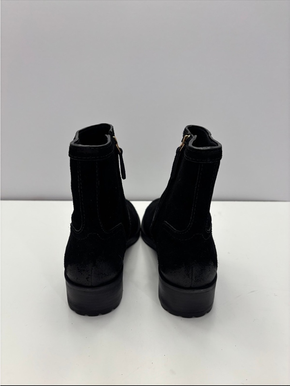 Tory Burch black suede Eloise flat booties with a prominent gold-tone metal logo - Picture 9 of 12